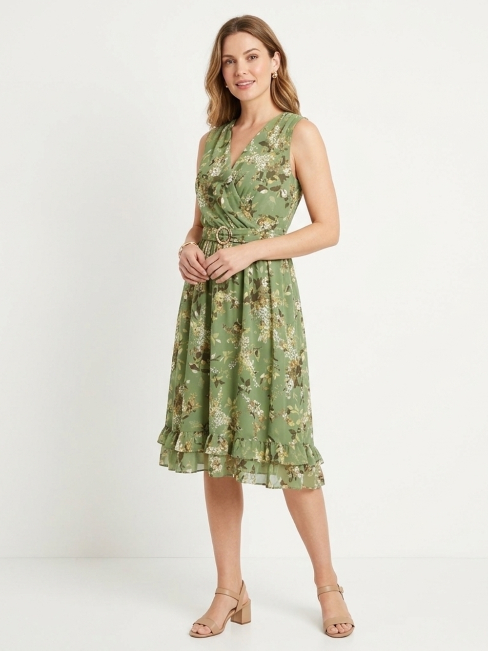 George ME by Mark Eisen Floral Midi Dress Size 4 Green Stalk Belted V-Neck